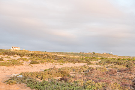 PAPENDORP, SOUTH AFRICA - AUGUST 12, 2015: An old ruin, houses and a windmill at Papendorp at the Olifants River estuary on the Atlantic coast of South Africaのeditorial素材