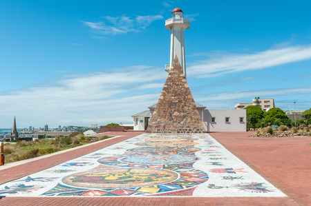PORT ELIZABETH, SOUTH AFRICA - FEBRUARY 27, 2016: Mosaic art, Donkin memorial and lighthouse along Route 67, consisting of 67 Public Art Works symbolising Nelson Mandelas 67 years fight for freedomのeditorial素材