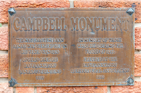 BAVIAANSKLOOF, SOUTH AFRICA - MARCH 6, 2016: A memorial plaque for people who died in a flood in 1916 in the Baviaanskloof (baboon valley).のeditorial素材