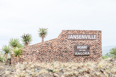 Name board for Jansenville, a small town in the heart of the mohair industry of the Eastern Cape Karoo region. Falling rain is visibleの写真素材