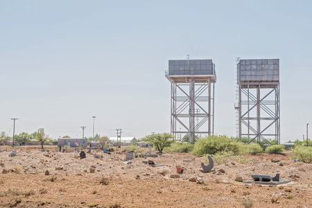 JACOBSDAL, SOUTH AFRICA - DECEMBER 31, 2016: Water reservoirs and a cemetery in Jacobsdal, a small town in the Free State Provinceのeditorial素材