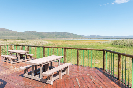CAMDEBOO NATIONAL PARK, SOUTH AFRICA - MARCH 22, 2017: The game viewing platform in the Nqweba Camp next to the Nqweba dam. The dam is half full.のeditorial素材