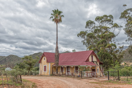 KRUISRIVIER, SOUTH AFRICA - MARCH 24, 2017: An historic old house and large palm and eucalyptus trees next to the road between the Kruisrivier and Calitzdorpのeditorial素材