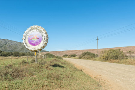 RIVIERSONDEREND, SOUTH AFRICA - MARCH 26, 2017: Sign at the entrance to the Khomeesdrif Camping Site near Riviersonderend, a town in the Western Cape Provinceのeditorial素材