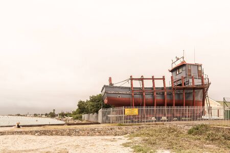 LANGEBAAN, SOUTH AFRICA - MARCH 31, 2017: A boat on rails ready for launch at Langebaan Lagoon on the Atlantic Coast of the Western Cape Provinceのeditorial素材