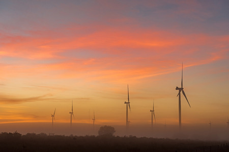 Silhouettes of wind turbines in thick fog at dawn near Hopefield, a town in the Western Cape Provinceの写真素材