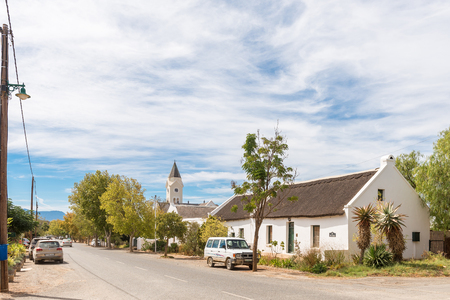 MCGREGOR, SOUTH AFRICA - MARCH 26, 2017: A street scene with historic buildings and steeple of the Dutch Reformed Church in McGregor, a small town in the Western Cape Provinceのeditorial素材