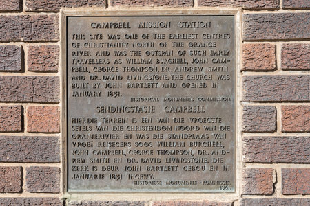 Plaque at the monument at the mission church in Campbellのeditorial素材