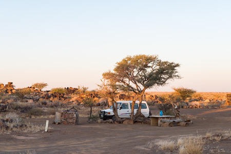 GARAS, NAMIBIA - JUNE 13, 2017: Sunset view of a camp site at Garas Park Rest Camp, near Keetmanshoop on the B1-road  to Marientalのeditorial素材