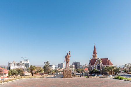 WINDHOEK, NAMIBIA - JUNE 17, 2017: A view of Windhoek as seen from the Independence Memorial. The statue of Dr. Sam Nujoma and the Christuskirche are visibleのeditorial素材