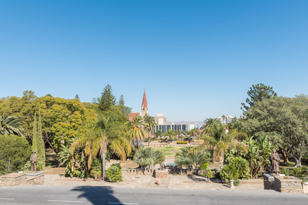 WINDHOEK, NAMIBIA - JUNE 17, 2017: Gardens at the Tintenpalast , the Namibian parliament building in Windhoek. Statues of Hendrik Samuel Witbooi Hosea Kutako and Theofelos Hamutumbangela  visibleのeditorial素材