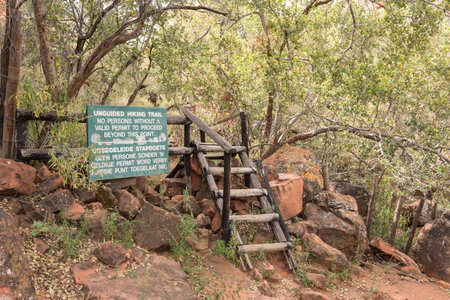 WATERBERG PLATEAU NATIONAL PARK, NAMIBIA - JUNE 19, 2017: The start of a hiking trail at the top of the Waterberg Plateau near Otjiwarongo in the Otjozondjupa Region of Namibiaのeditorial素材