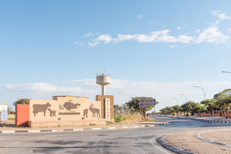 OTJIWARONGO, NAMIBIA - JUNE 20, 2017: A street scene with welcome sign at the southern entrance to Otjiwarongo in the Otjozondjupa Region of Namibiaのeditorial素材
