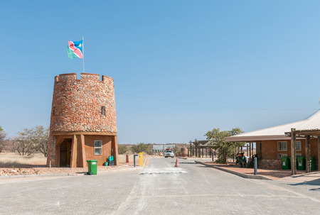 ETOSHA NATIONAL PARK, NAMIBIA - JUNE 27, 2017: The office buildings at Galton Gate at the Western border of the Etosha National Park in Namibiaのeditorial素材