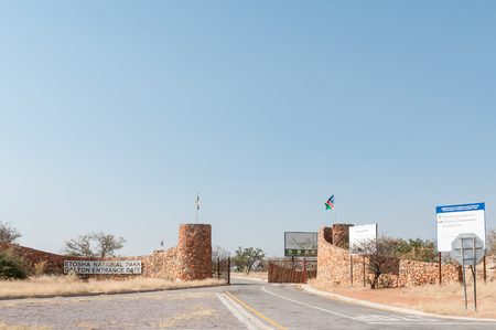 ETOSHA NATIONAL PARK, NAMIBIA - JUNE 27, 2017: The Galton Gate at the Western border of the Etosha National Park in Namibiaのeditorial素材