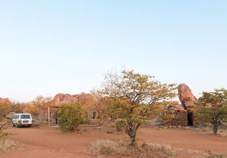HOADA, NAMIBIA - JUNE 28, 2017: Sunrise at a campsite in the Hoada Rest Camp, in the Kunene Region of Namibiaのeditorial素材
