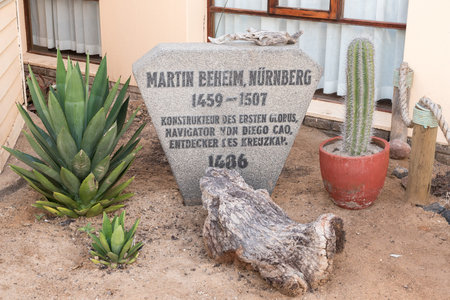 CAPE CROSS, NAMIBIA - JUNE 28, 2017: A memorial stone at Cape Cross Lodge in the Dorob National Park of Namibiaのeditorial素材