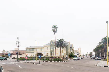 SWAKOPMUND, NAMIBIA - JUNE 30, 2017: A street scene with historic buildings and cars, in Swakopmund in the Namib Desert on the Atlantic Coast of Namibiaのeditorial素材