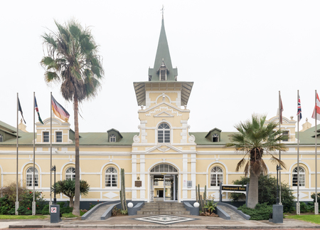 SWAKOPMUND, NAMIBIA - JUNE 30, 2017: The historic railroad station, now a hotel, casino and entertainment complex, in Swakopmund, in the Namib Desert on the Atlantic Coast of Namibiaのeditorial素材
