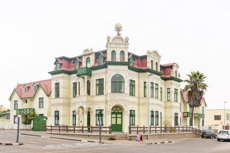 SWAKOPMUND, NAMIBIA - JUNE 30, 2017: The historic Hohenzollernhaus, built 1904 to 1906, in Swakopmund in the Namib Desert on the Atlantic Coast of Namibiaのeditorial素材
