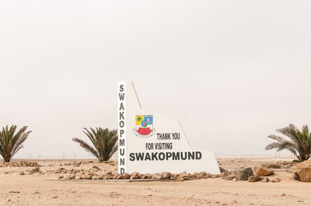 SWAKOPMUND, NAMIBIA - JULY 3, 2017: Thank you sign on the B2-road at the exit of Swakopmund in the Namib Desert on the Atlantic Coast of Namibiaのeditorial素材