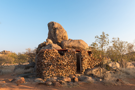 HOADA, NAMIBIA - JUNE 28, 2017: The toilets and showers at the Hoada Camp, in the Kunene Region of Namibia, blends in with the natural surroundingsのeditorial素材