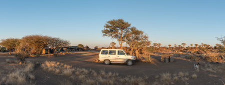 GARAS, NAMIBIA - JUNE 14, 2017: Panoramic view of the rest camp and the quiver tree forest at Garas near Keetmanshoop on the B1-road to Mariental at sunriseのeditorial素材
