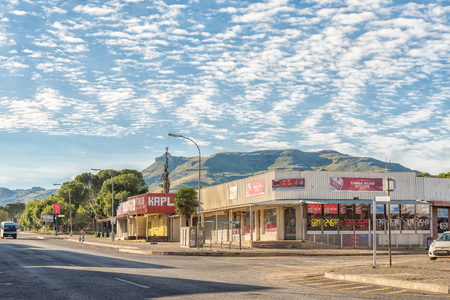THABA NCHU, SOUTH AFRICA - MARCH 12, 2018: A street scene with businesses in Thaba Nchu, a town in the Mangaung Municipality of the Free State Provinceのeditorial素材
