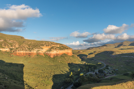 GOLDEN GATE HIGHLANDS NATIONAL PARK, SOUTH AFRICA - MARCH 12, 2018: Aerial view of the Glen Reenen Rest Camp in the Golden Gate Highlands National Park as seen from the Brandwagのeditorial素材