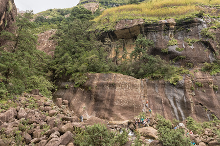 ROYAL NATAL NATIONAL PARK, SOUTH AFRICA - MARCH 15, 2018: The chain ladder and the gully, behind the trees third from left, used by hikers to bypass the Tugela Tunnelのeditorial素材