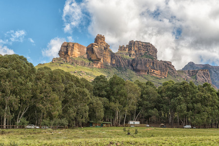 GARDEN CASTLE, SOUTH AFRICA - MARCH 25, 2018: Hermits Wood Camp at Garden Castle in the Kwazulu-Natal Drakensberg near Underberg. Vehicles and tent are visibleのeditorial素材