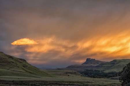 Sunset at Hermits Wood Camp Site at Garden Castle in the Drakensberg near Underbergの写真素材
