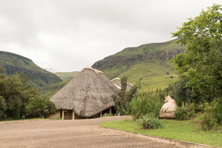 DIDIMA, SOUTH AFRICA - MARCH 18, 2018: The Rock Art centre at Didima at Cathedral Peak in the Kwazulu-Natal Drakensberg. The statue of an eland is visibleのeditorial素材