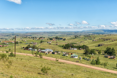 SANI TOP, LESOTHO - MARCH 26, 2018: Small farms below Katkop Pass between Mount Fletcher and Maclear in the Eastern Cape Provinceのeditorial素材