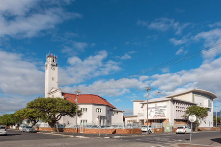 GOODWOOD, SOUTH AFRICA, AUGUST 14, 2018: A street scene with the Dutch Reformed Mother Church in...