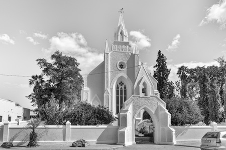 CLANWILLIAM, SOUTH AFRICA, AUGUST 22, 2018: The historic first Dutch Reformed Church in Clanwilliam in the Western Cape Province. Monochromeのeditorial素材