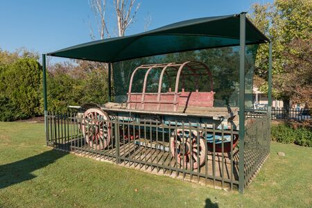 SENEKAL, SOUTH AFRICA, MAY 1, 2019: An historic ox-wagon at the Dutch Reformed Mother Church in Senekal in the Free State Provinceのeditorial素材