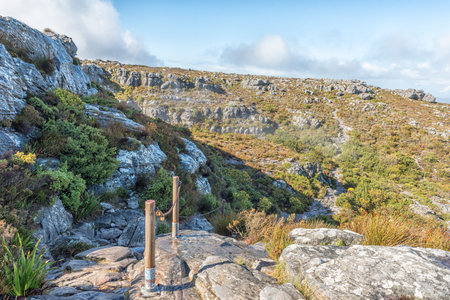 The view on top of Table mountain in Cape Town. The chain railing on the trail to Maclears Beacon is visibleの写真素材