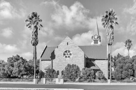 LOXTON, SOUTH AFRICA, AUGUST 7, 2018: A monochrome street scene, with the Dutch Reformed Church, in Loxton in the Northern Cape Provinceのeditorial素材