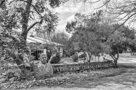 ORANIA, SOUTH AFRICA, SEPTEMBER 1, 2018: The Verwoerd Memorial Collection and Museum in Orania in the Northern Cape Province.  A bust of HF Verwoerd, the architect of apartheid, is visible. Monochromeのeditorial素材
