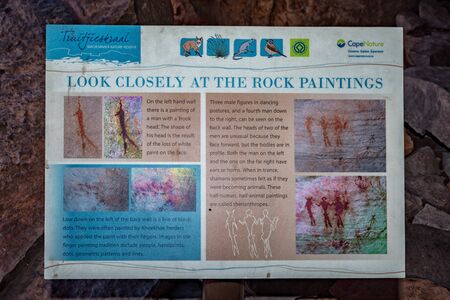 TRUITJIESKRAAL, SOUTH AFRICA, AUGUST 24, 2018: An information board at the rock paintings at Truitjieskraal in the Cederberg Mountains of the Western Cape Provinceのeditorial素材