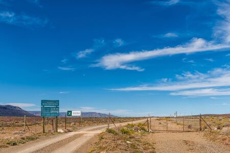 TANKWA KAROO NATIONAL PARK, SOUTH AFRICA, AUGUST 30, 2018: Western entrance to the Tankwa Karoo National Park in the Northern Cape Province. Information boards are visibleのeditorial素材