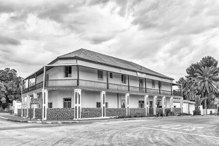 VOSBURG, SOUTH AFRICA, SEPTEMBER 1, 2018: The historic Karoo Country Inn in Vosburg in the Northern Cape Province. Monochromeのeditorial素材