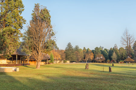 VREDE, SOUTH AFRICA - MAY 2, 2019: View of the Emanzini Country Resort at Vrede, in the Free State Province. A childrens playpark is visibleのeditorial素材
