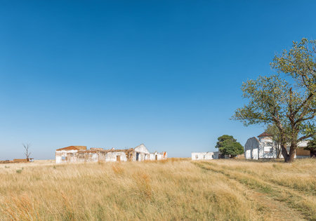 A landscape, with ruins and trees, next to the Blesbokspruit on road R38 between Standerton and Bethal, in the Mpumalanga Provinceの写真素材