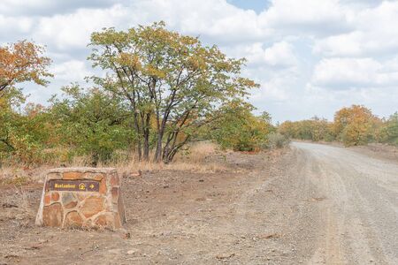 KRUGER NATIONAL PARK, SOUTH AFRICA - MAY 8, 2019: A directional sign on road S62 at the turn-off to the Mantambeni bird hideのeditorial素材