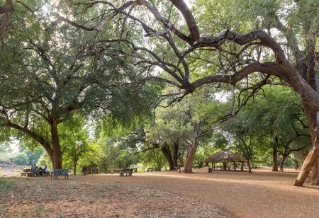 KRUGER NATIONAL PARK, SOUTH AFRICA - MAY 15, 2019: View of the Pafuri Picnic Site. People, tables and benches are visibleのeditorial素材
