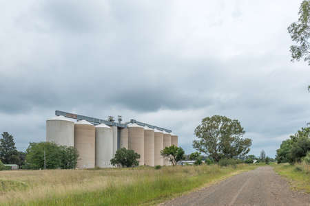 WINBURG, SOUTH AFRICA - MARCH 1, 2020: Grain silos in Winburg, a small town in the Free State Province. A gravel road is visibleのeditorial素材