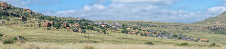 GOLDEN GATE HIGHLANDS NATIONAL PARK, SOUTH AFRICA - MARCH 6, 2020: Panoramic view of the Basotho Cultural Village in the Golden Gate Highlands National Parkのeditorial素材