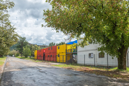 FICKSBURG, SOUTH AFRICA - MARCH 20, 2020: A street scene, with a container park, housing small...